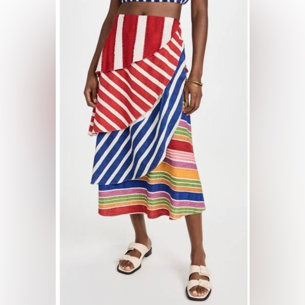 NWT - Farm Rio “Amazing Stripes Frilled Midi Skirt” size Medium.
